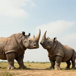 Giant straw sculpture of two rhinos fighting cinematic