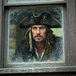 thin russell crowe wearing a pirate hat behind a dirty window staring out