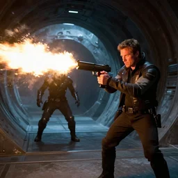 portrait david hewlett as dr. rodney mckay from stargate atlantis firing an fn p 9 0 with a large muzzle flash at a wraith warrior that is coming through the event horizon of a stargate on an alien planet. still from tv show, cinematic framing, cinematic lighting, cinematic shadows, in the style of stargate atlantis, hdr, hdd, volumetric, photograph, 1 / 3 0 0 shutter speed using a nikon dslr with a 6 0 mm lense