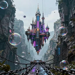f - zero, ships, tron in the mountain with neon light futuristic hyper realistic cinematic view of floating castle hanging by chains in the air, in between a gorge, structured by chains and cables on base, soap bubble, contrast, metallic, 8 k resolution