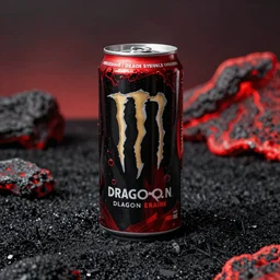 one aluminium can of a dragon-flavored energy drink, professional studio photography, black sand and red lava background, packshot