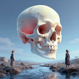 A beautiful digital artwork of a cellular automata generated skull in the sky. Blue and red and yellow pastel color scheme, dramatic soft lighting, clear skies. A flowing river with rocks, by Brian Froud and Tyler Edlin and Patrice Murciano