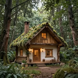 elf magical forest cabin with a chimney realistic photo