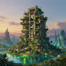 a beautiful hyperdetailed highly detailed co - op building nature architecture unfinished building by vincent van gogh, landscape hyperrealism at dusk studio ghibli cyberpunk nature reclaimed by nature synthwave forest at dawn magic realism thermal vision lake tokyo uv light alien, archdaily, wallpaper, highly detailed, trending on artstation.