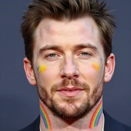 a picture of chris evans with face tattoos, bright colorful ink, rainbows