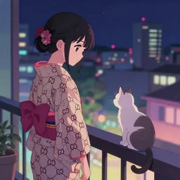 a girl wearing a gucci kimono standing on a balcony looking at a cat, lofi art by torii kiyomasu, cgsociety, neo - romanticism, anime aesthetic, nightscape, retrowave