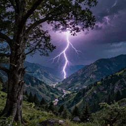 a beautiful mountain landscape view from slightly above with stunning eerie lightning and a large tree on the foreground, HD photograph