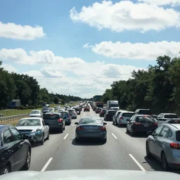 photo, 5 0 mm, interstate traffic jam, scattered clouds, midday sun,