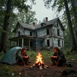two homeless men camping by an abandoned haunted asylum, a hobo barrel fire, elegant scene, low angle, wide angle, deep forest, wide angle, cinematic, ultrarealistic, trending on artstation, cgsociety, highly detailed, color graded, rendered in unreal engine 4 k hq, matte painting, by simon stalenhag and abandoned asylum in the woods