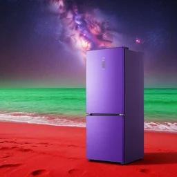purple appliances, red sand beach, green ocean, nebula sunset