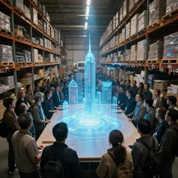 large group people in a huge warehouse, gathered around a hologram of futuristic city on a table | 1 2 0 mm | cinematic still | godrays | 4 k | clear details