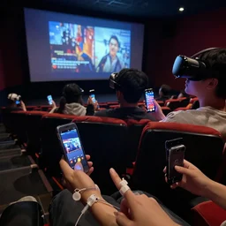 1 9 0 0 s photo of people using iphones ipods virtual reality headsets vr watching hd tv in a movie theater intravenous tube in their arms