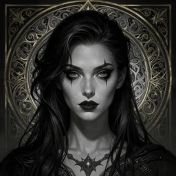 Necromancer Sorceress face in center, fantasy magic, undercut hairstyle, dark light night, intricate, elegant, sharp focus, illustration, highly detailed, digital painting, concept art, matte, art by WLOP and Artgerm and Greg Rutkowski and Alphonse Mucha, masterpiece