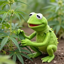 kermit the frog tending his cannabis garden in the style of realism, highly realistic, photorealistic, ultrarealistic, hyper detailed, by android jones, chris dyer, and aaron brooks