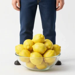 man standing below bowl of lemons