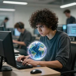 an annoyed curly - haired young persian guy programmer programming a a world bubble in the void by david a hardy, noriyoshi ohrai, gary ruddell, greg rutkowski highly detailed, cinematic composition, trending on artstation