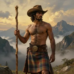 a dramatic epic beautiful ethereal painting of a shirtless rugged desi cowboy | he has a very hairy chest and dark skin | he is wearing a plaid kilt and cowboy hat, and holding a long wooden staff | background is mountain peaks and clouds | dramatic lighting, golden hour, homoerotic, realistic, art nouveau | by mark maggiori | trending on artstation