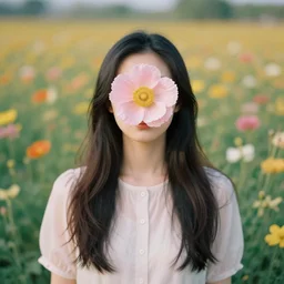 woman with a blooming flower face standing in flower field, surreal photography