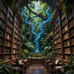 a ( ( decaying old library ) ) with a ( rainforest ) growing inside, blue - glowing - magical - wisps flying around, highly detailed, intricate detail, realistic shaded lighting, dramatic scenery, beautiful 3 d rendering, octane render, hyperrealistic, trending on artstation, by greg rutkowski and simon stalenhag