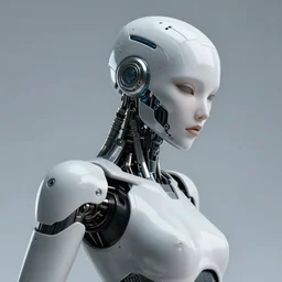 creative photo of aroused dancer as a cyberpunk mecha humanoid robotic head shoulder parts with linear bright led lights, inside white room, ultra - realistic and detailed, 8 k