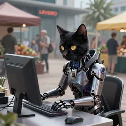 cyberpunk goth cat cyborg working on cyberpunk computer in cyberpunk farmers market by william barlowe and pascal blanche and tom bagshaw and elsa beskow and enki bilal and franklin booth, neon rainbow vivid colors smooth, liquid, curves, very fine high detail 3 5 mm lens photo 8 k resolution