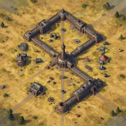 handpainted top down overhead bird's eye view!!! | | digital painted barren field virtual tabletop encounter map, vivid color scheme, ruined dieselpunk army base, by greg rutkowski, trending on artstation, r / battlemaps