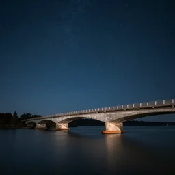 “a night time photograph of a bridge over a lake with a sky full of stars”