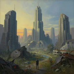 a beautiful detailed painting of empire abandoned by wayne thiebaud, cyberpunk at dawn wilderness, archdaily, wallpaper, highly detailed, trending on artstation.