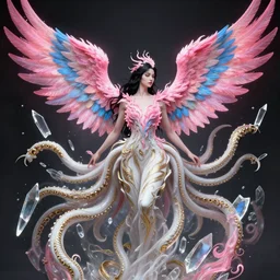 a photo of 8 k ultra realistic black haired woman with pink and blue flaming phoenix wings, swarm of transparent glass shards, style of god of war, 8 intricate white and gold tentacles,, intricate, elegant, highly detailed, digital painting, artstation, concept art, smooth, sharp focus, illustration, art by artgerm and greg rutkowski and alphonse mucha, 8 k