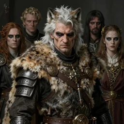 portrait painting of a cocky man with white hair wearing wolf pelt gambeson, ultra realistic, concept art, intricate details, eerie, highly detailed, photorealistic, octane render, 8 k, unreal engine. art by artgerm and greg rutkowski and charlie bowater and magali villeneuve and alphonse mucha
