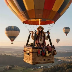 smiling hippy, hot air balloon journey, pulp adventure, flying camp, camp gear, hippy belongings, cozy cabin, flying high, aerial, gradient aperture