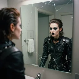cinestill 5 0 d candid photographic portrait by stanley kubrick of a feminine man wearing rugged black techwear and glitter goth makeup looking in the shattered bathroom mirror, cramped new york apartment, medium shot, retrofuturism cyberpunk cinematic, light and shadows, 8 k, hd, high resolution, 3 5 mm, f / 3 2, ultra realistic faces