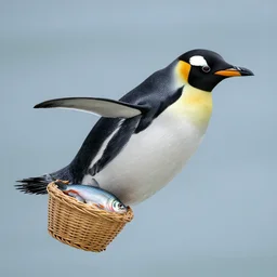 A penguin flying with a basket of fish, highly detailed, photograph
