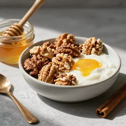 a cluster of nuts in a bowl, yogurt on the side, honey and cinnamon on top