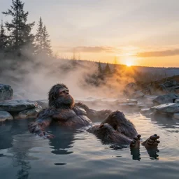 bigfoot relaxing in hot springs, steam rising, sunset