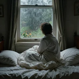 on a rainy day, someone in home sits in bed, curled up under the covers, watching the rain outside the window, cinematic, artstation, extremely detailed, intricate, cinematic lighting, art by pierre - auguste renoir, gustave caillebotte