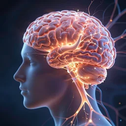 a human brain illuminated by sinapses firing all over, digital art