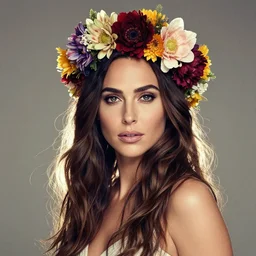 fine art photo of the beauty goddess seraphim of the light gal gadot, she has a crown of mesmerizing flowers, by peter mohrbacher