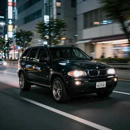 photo of a black bmw x 5 2 0 0 3 at night driving fast through a city, cinematic, 4 k, long exposure photography, tokyo drift, fast and furious, kodak portra 4 0 0