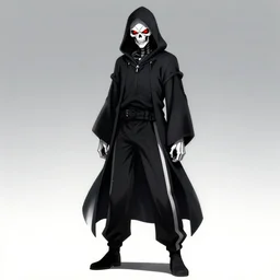 a full body shot of a Grim Reaper ,skeleton face, eyes red and glowing, wears a hood , sport pants, highly detailed, artstation,manga,style of Kill la Kill (2013)