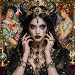 a masterpiece ultrarealistic ultradetailed portrait of beautiful love, jewelry genius, necromancer witch venom girl on vintage flea market baroque renaissance. medium shot, intricate, elegant, by stanley artgerm lau, wlop, alphonse mucha, rossdraws, andrei riabovitchev, yoshitaka amano. flower background my james jeand and takashi murakami.