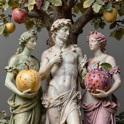 hyperdetailed cyber humans under a tree, holding huge interesting elaborate fruits. in the style of Michelangelo, with liberty and flemish baroque mixed media details. vibrant textures in natural pastel tones. matte background HD 8x