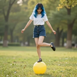 bokeh photo of a woman with blue hair stepping on a yellow helium balloon, photorealistic