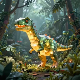 holographic low - poly glowing dinosaurs in a foggy jungle, by greg rutkowski