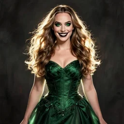 Beautiful witch margot robbie, style of Joshua Middleton comic book art Nick Dragotta comic art, black and green eyes, symmetrical face, symmetrical eyes, scary smile, full body, dark green dress