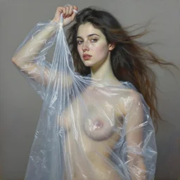 fine art portrait oil painting of a beautiful woman with long hair wearing a plastic garbage bag for clothes, perspective, ultra detailed, elegant, intricate, dynamic lighting, hyperrealism, sharp focus, art by peter mohrbacher and tom bagshaw and andrei riabovitchev