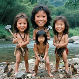 a full - body portrait of little asian cuties caveman, have 3 times oversized head, smile expression, make stone tools at the river bank, holding the stone adze, small forest creatures, a colorized photo, colorized, # film, movie still