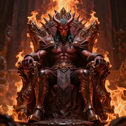 a demon king sitting on his throne, realistic, fire, 8 k, very detailed