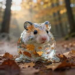 a 3 5 mm lomography long shot photo of melted clear fresnel glass hamster toy turbulence surface in the sunshine autumn forest, falling autumn leaves are reflected in the glass hamster, foggy bottom, god rays, ultrasharp, detailed, cinematic