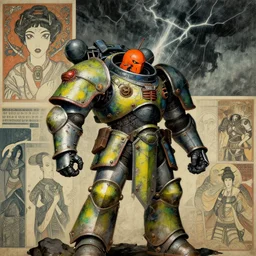 composition of gothic and futuristic, warhammer, cyber japan armor, more and more scars, thunderstorm, orange head, some yellow green and blue, the middle ages, highly detailed, artstation, in the style of moebius, jugendstil and classic japanese print, art by max ernst, alfred kubin, compositon by jean delville